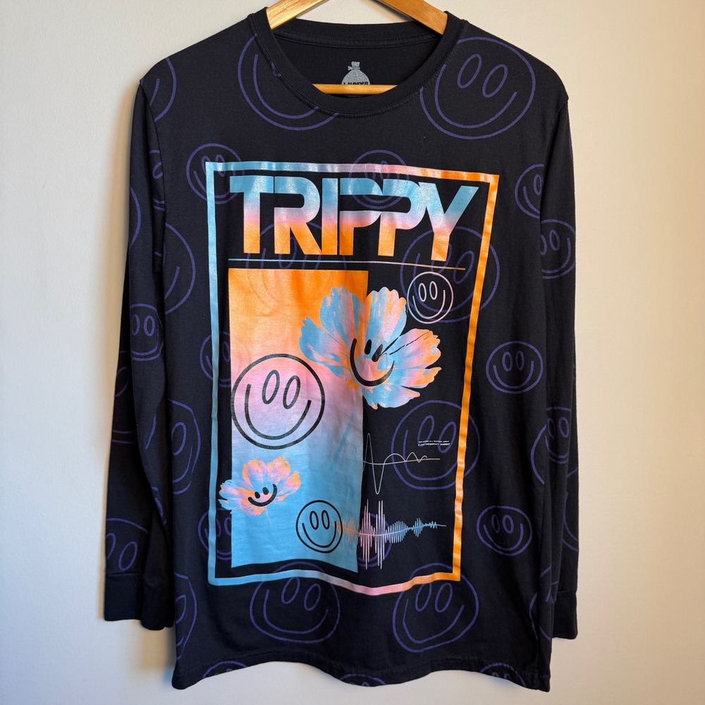 Launder Men's Black Trippy Smiley Face Long Sleeve Graphic T-Shirt‎ Size Medium